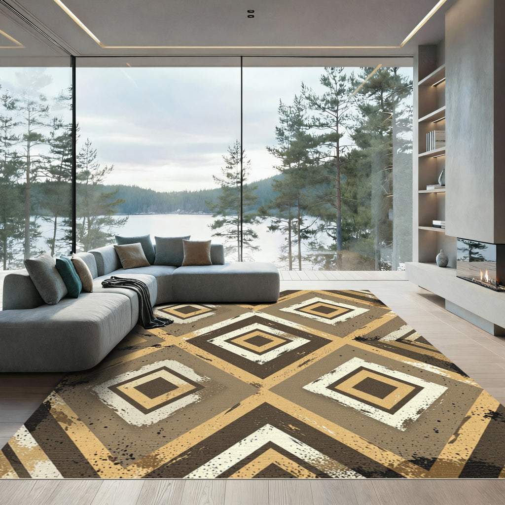 Distressed Earthy Brown Geometric Diamond Rug