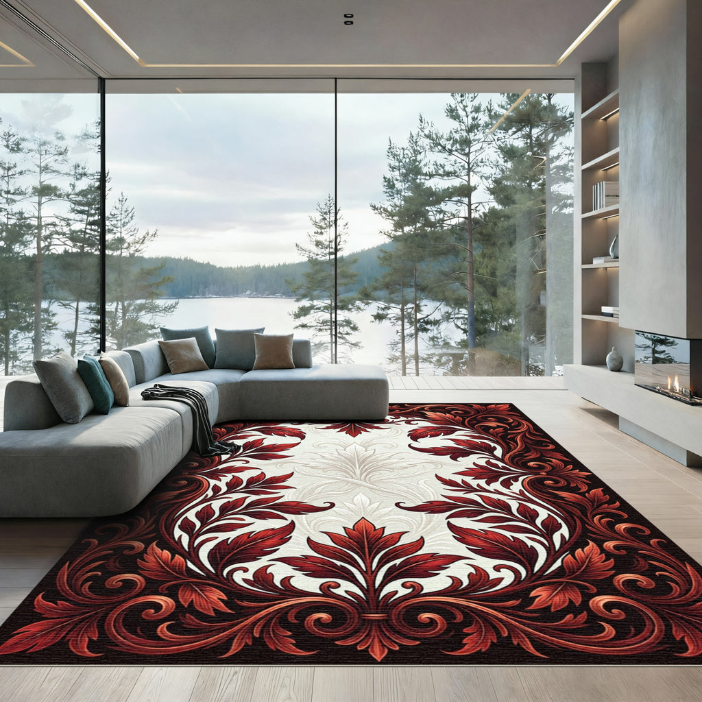 Ornate Red Leaf Scroll Frame Rug