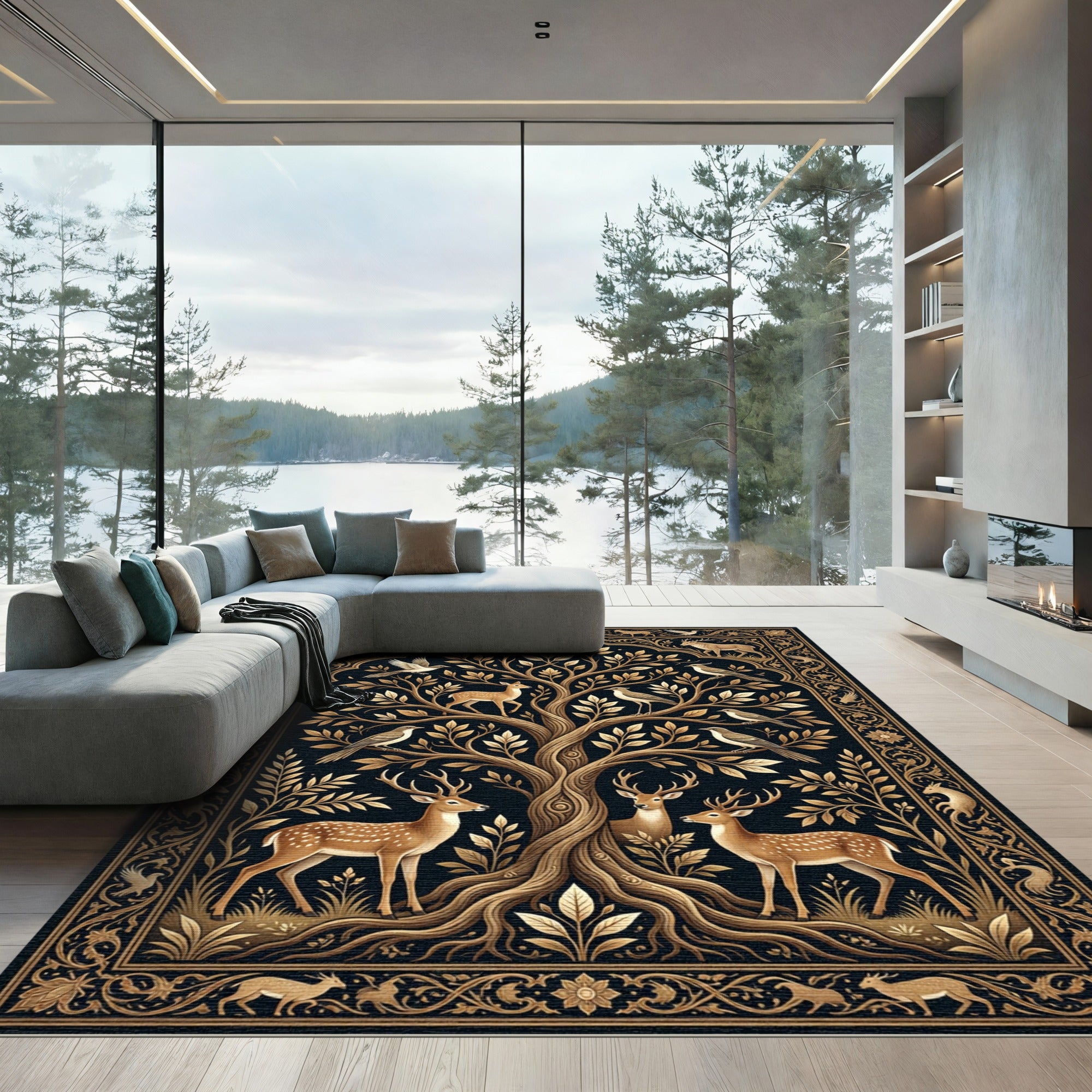 Golden Tree of Life Deer Birds Rug