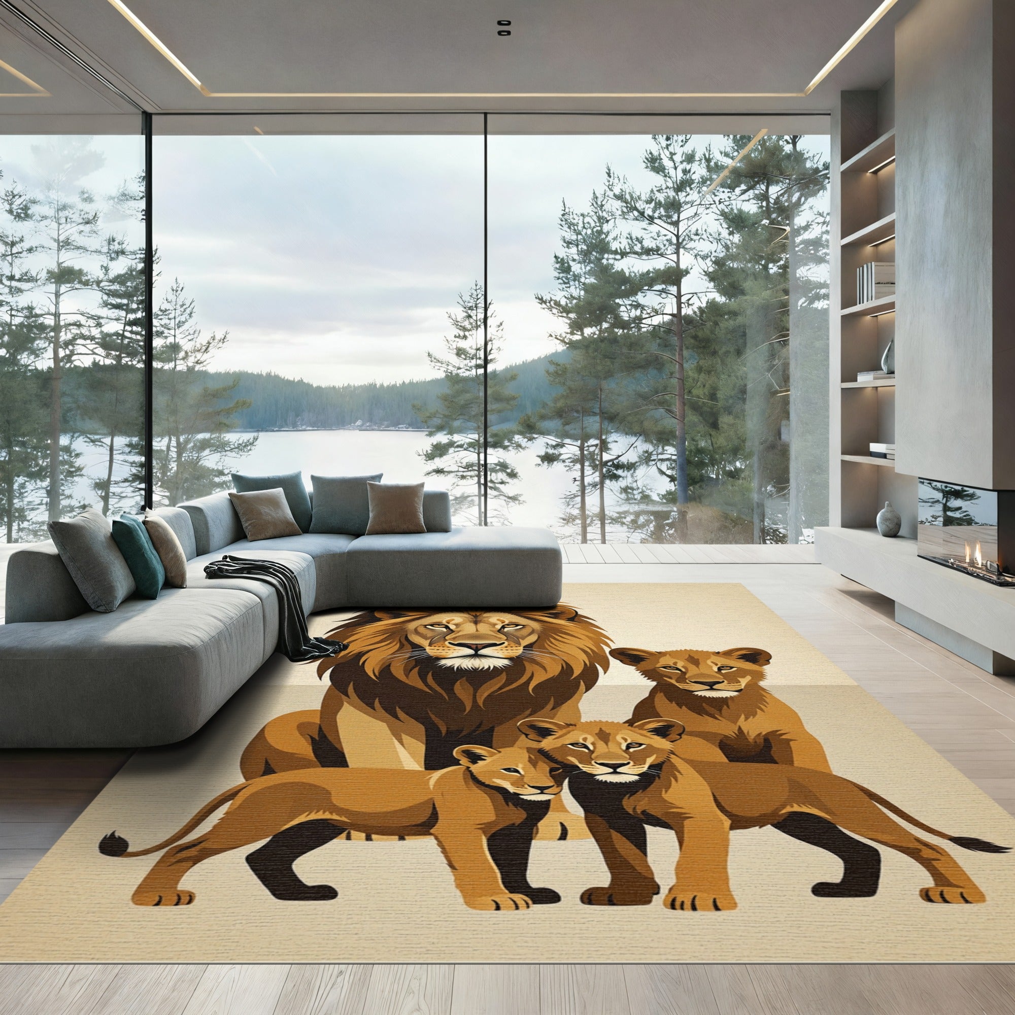Majestic Golden Lion Family Art Rug