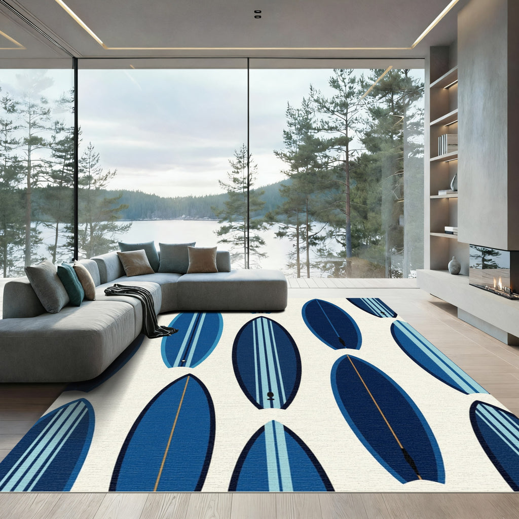 Modern Navy and Sky Blue Surfboard Rug