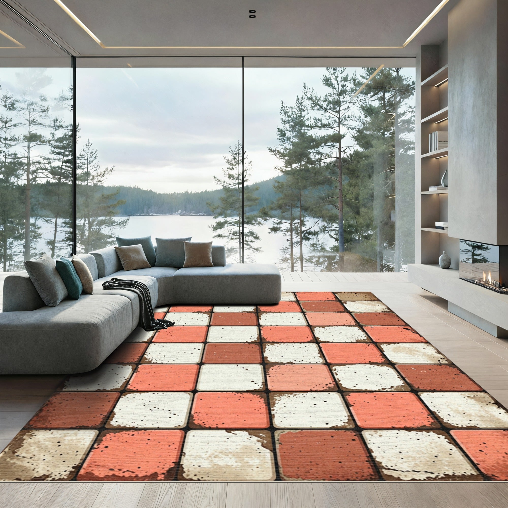Terracotta Coral Checkerboard Squares Rug