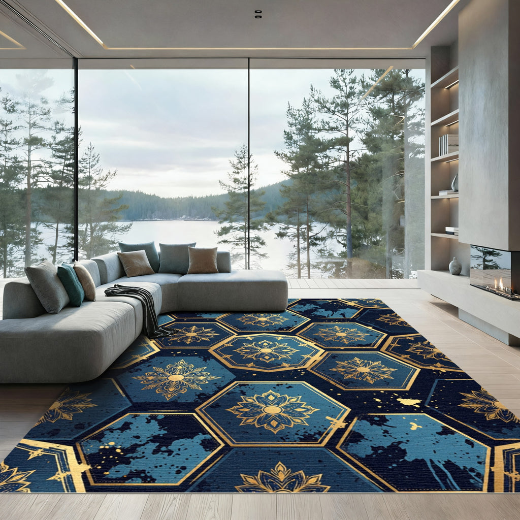 Gilded Midnight Blue Hexagon Floral Rug