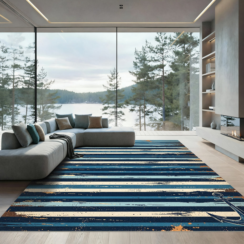 Rustic Blue Striped Nautical Anchor Rug