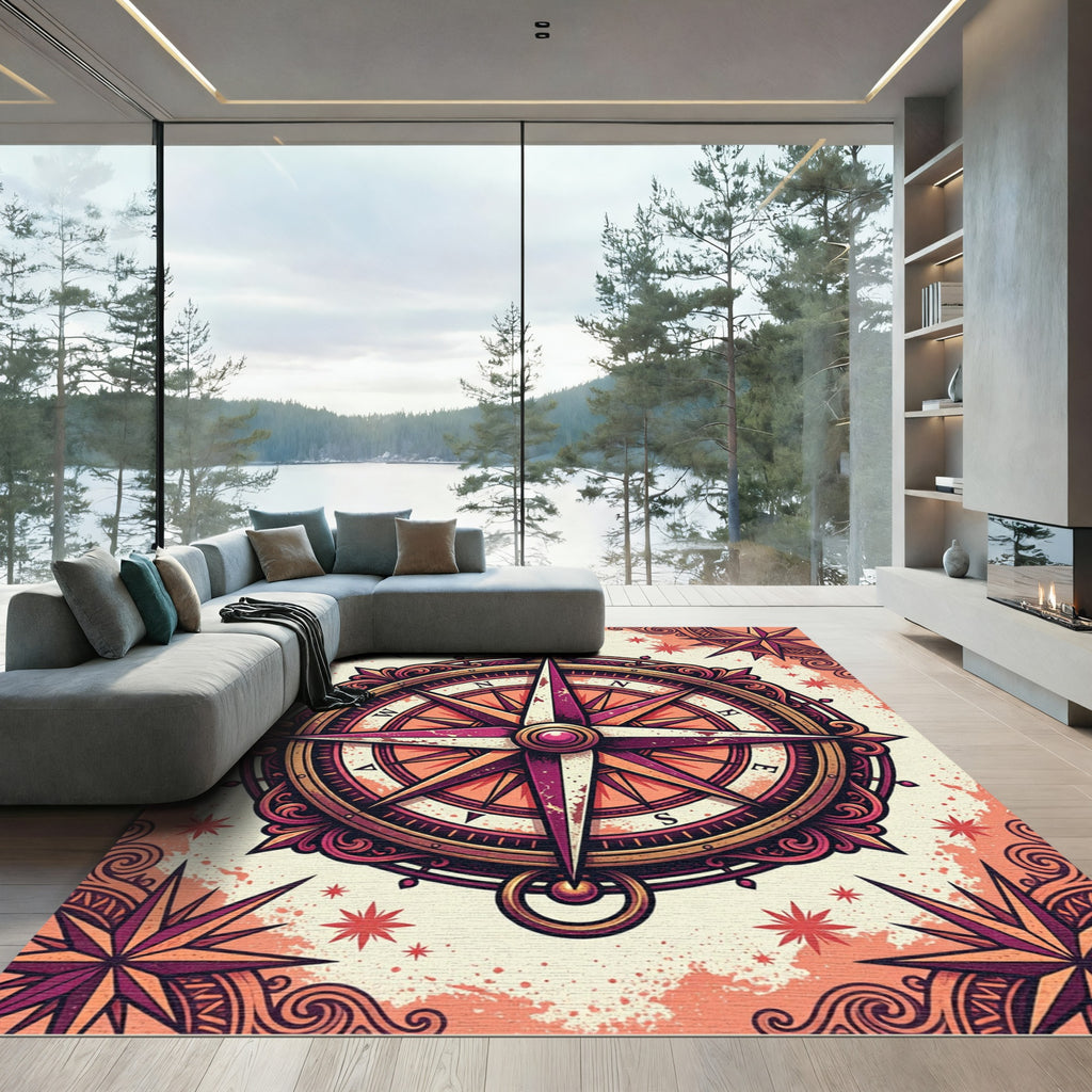 Ornate Maroon Compass Star Nautical Rug