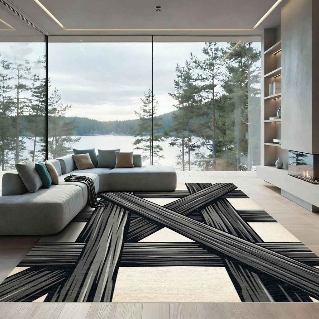 Monochrome Charcoal Abstract Intersecting Beam Rug