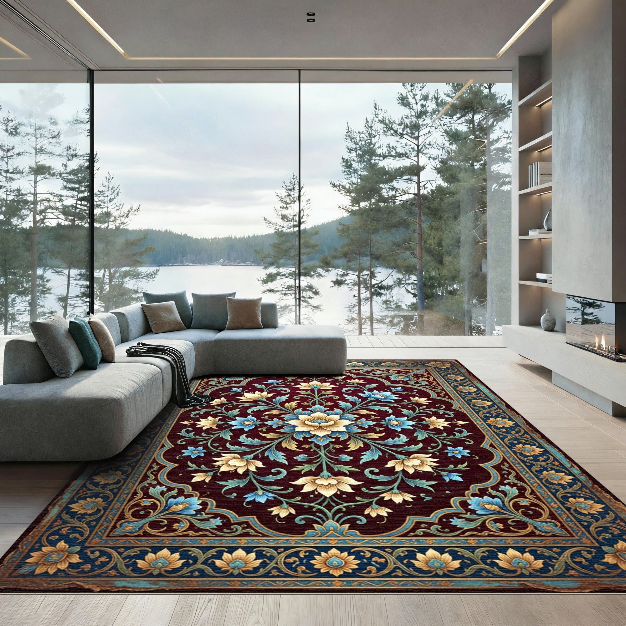 Ornate Burgundy Floral Medallion Rug