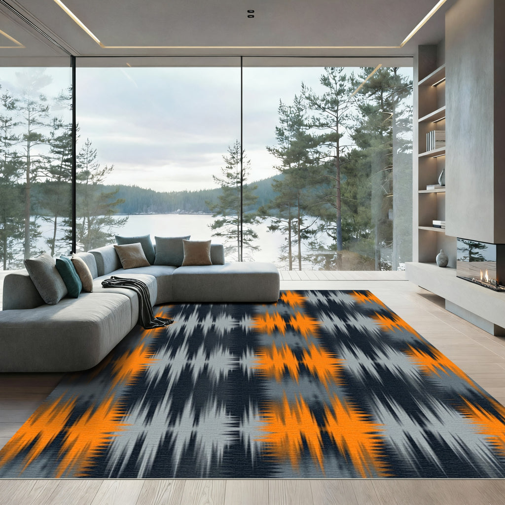 Modern Grey and Orange Zigzag Wave Rug