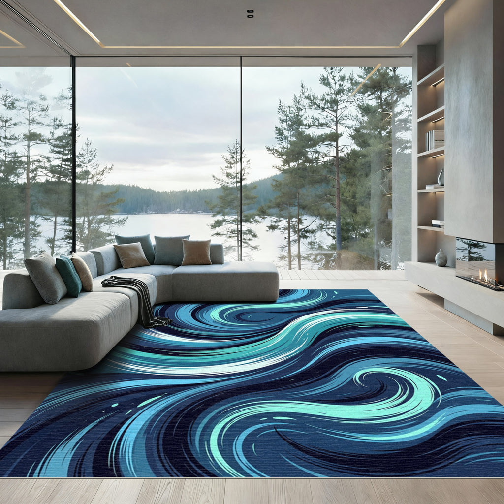 Deep Blue Swirling Abstract Waves Rug