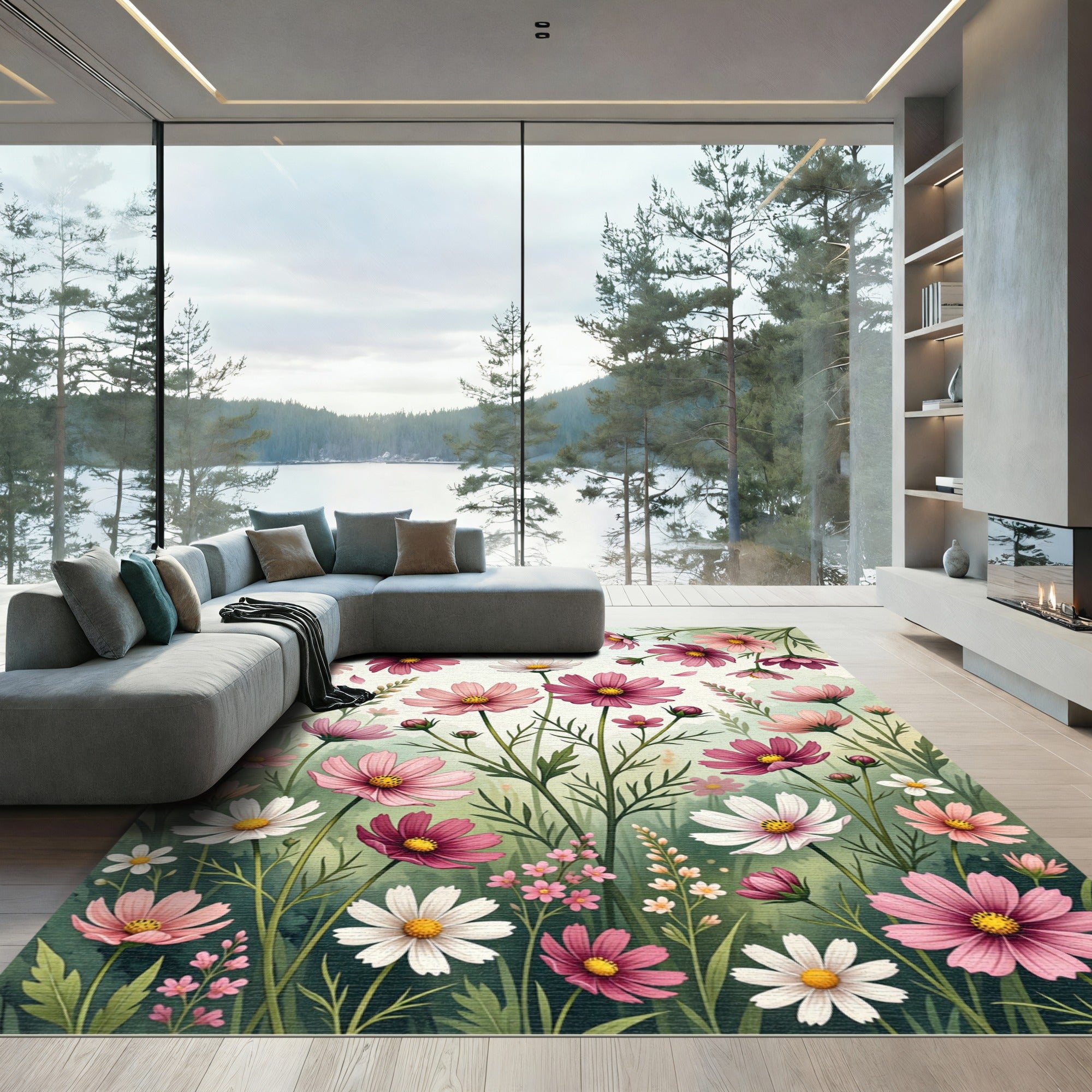 Soft Pink Cosmos Meadow Watercolor Art Rug