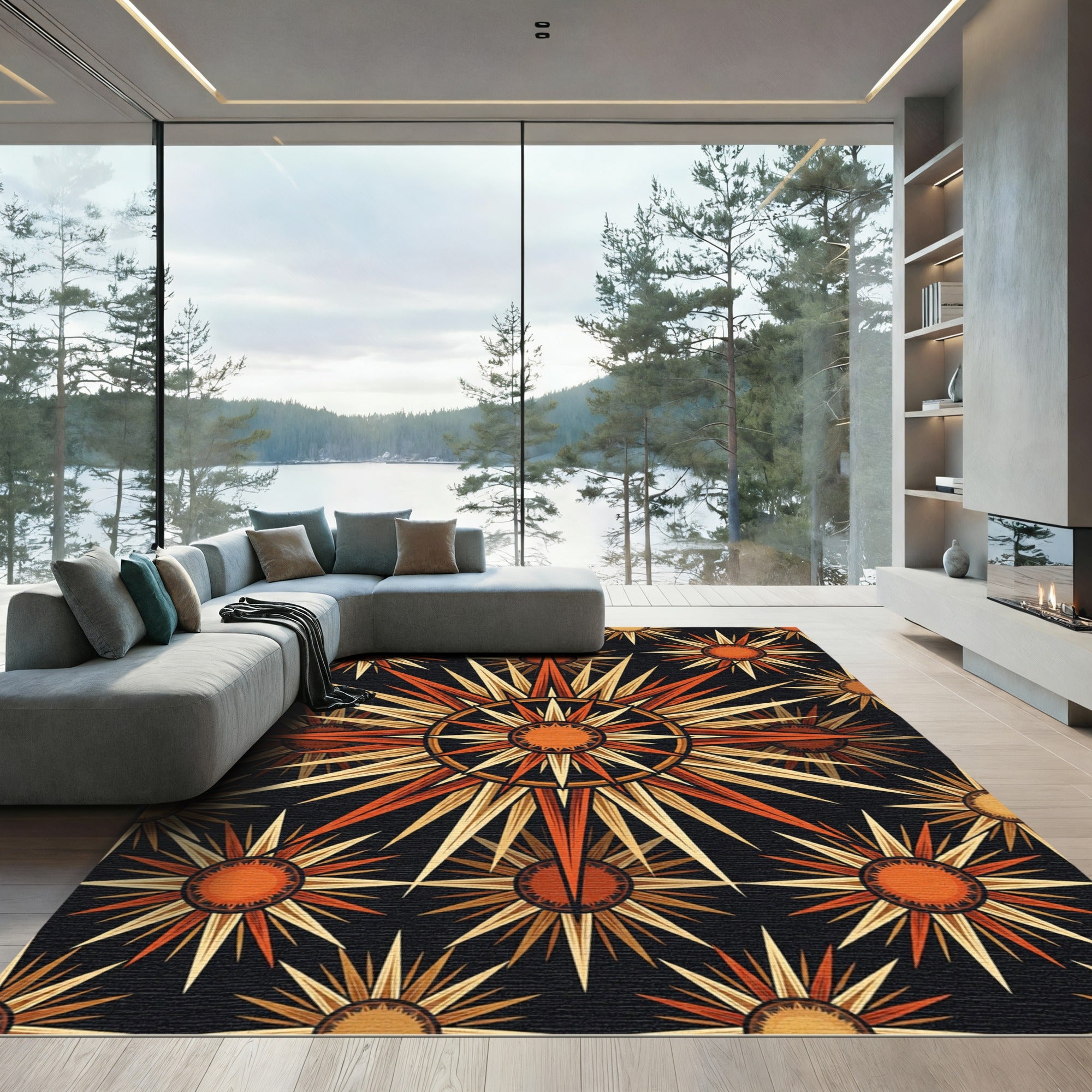 Celestial Radiant Sunburst Orange Black Rug