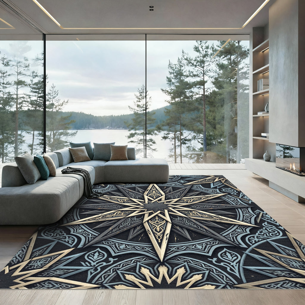 Celestial Gold Geometric Star Medallion Rug