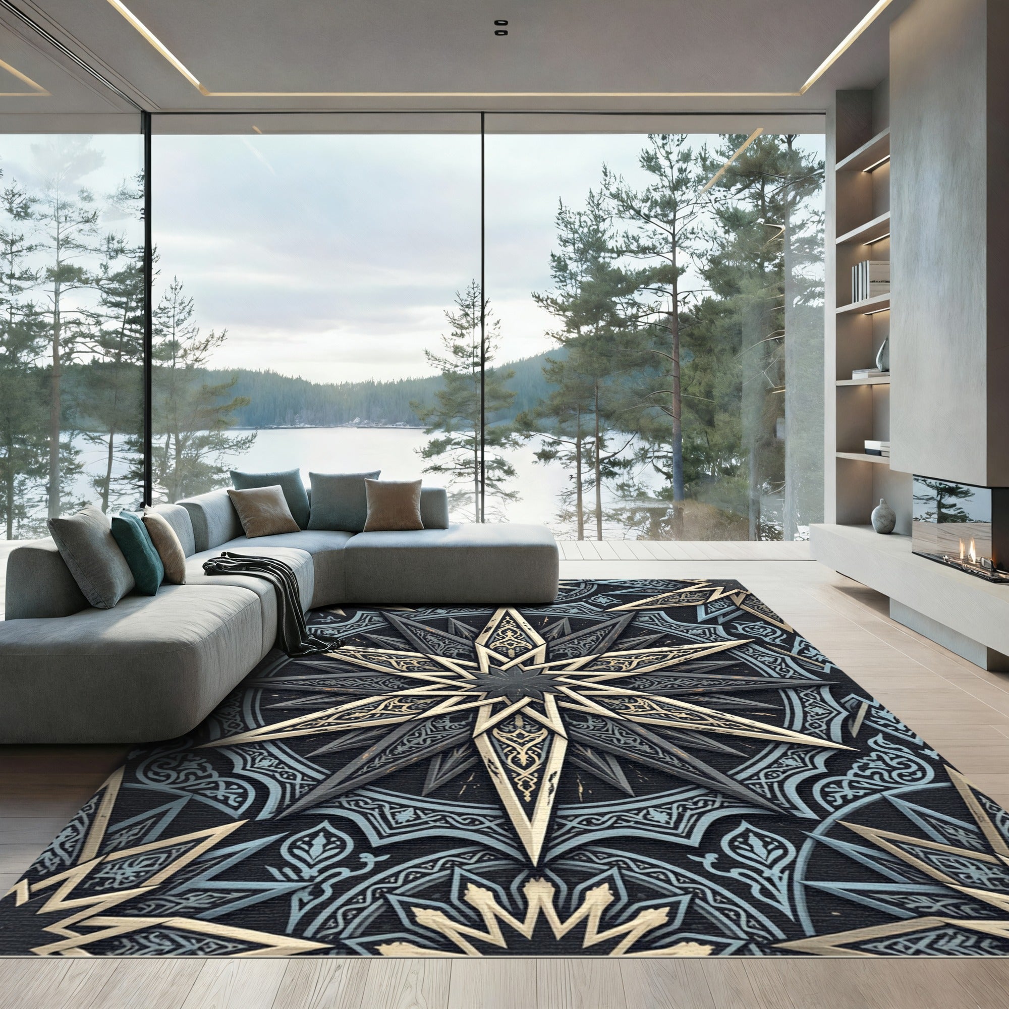 Celestial Gold Geometric Star Medallion Rug