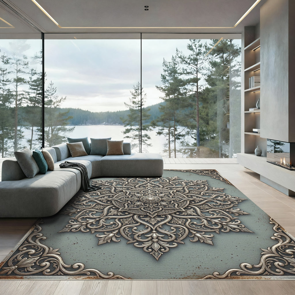 Elegant Silver Floral Medallion Area Rug