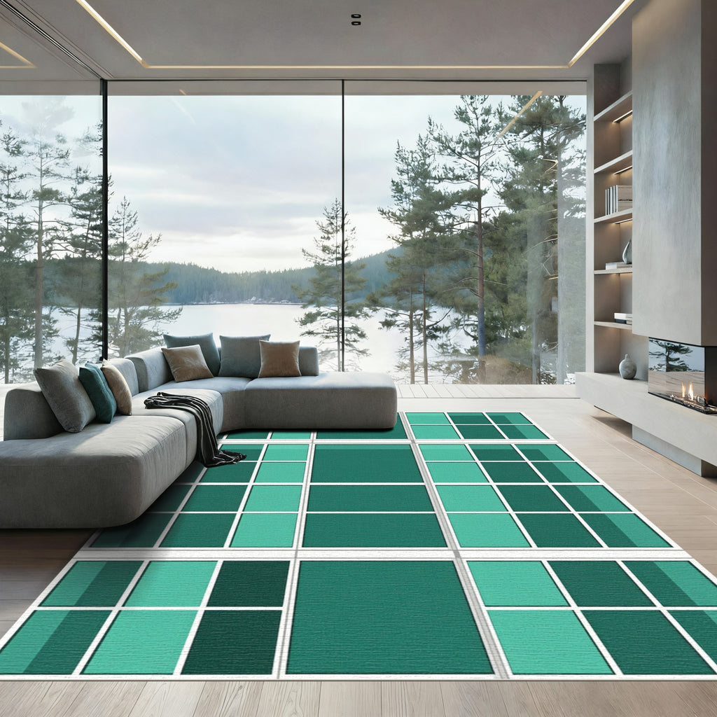 Emerald Teal Geometric Grid Block Rug