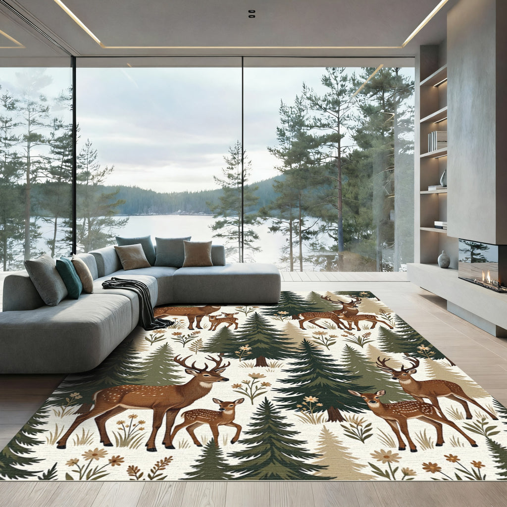 Woodland Deer and Evergreen Forest Illustration Rug