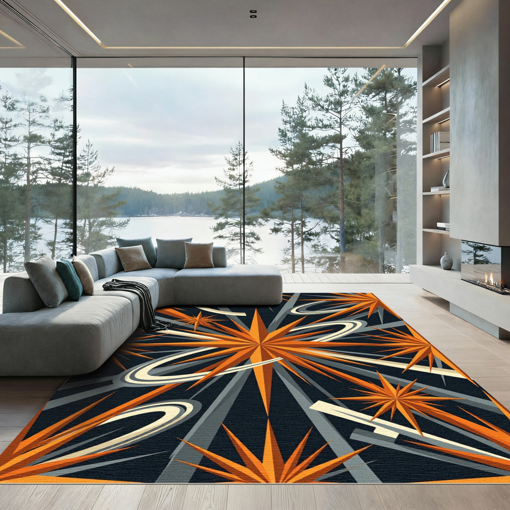 Celestial Mid-Century Orange Starburst Space Rug