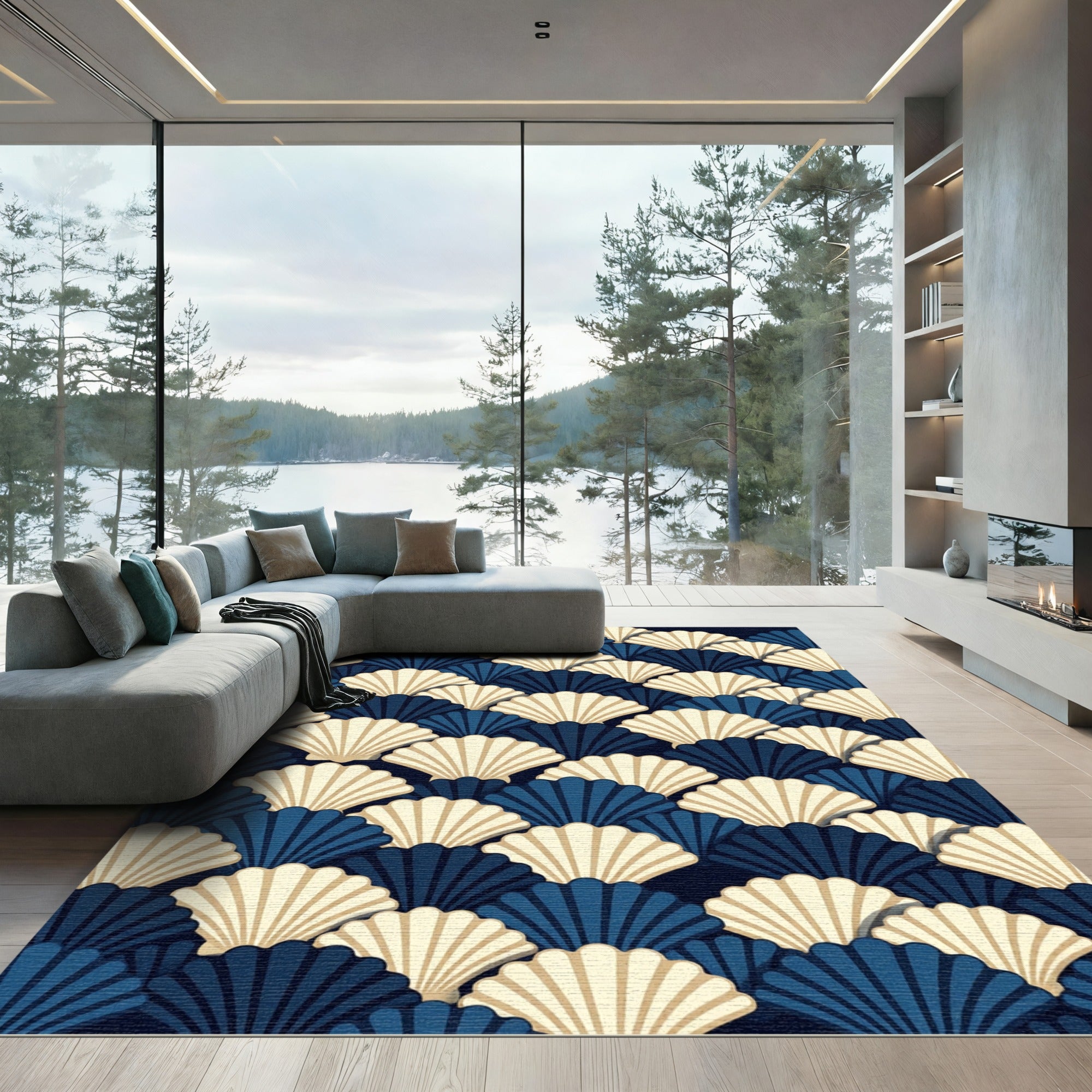 Navy and Cream Art Deco Scallop Rug