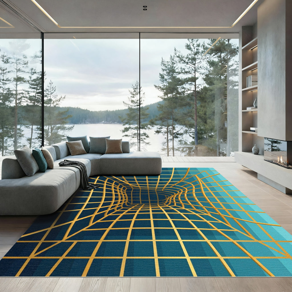 Modern Gold Geometric Grid Tunnel Rug