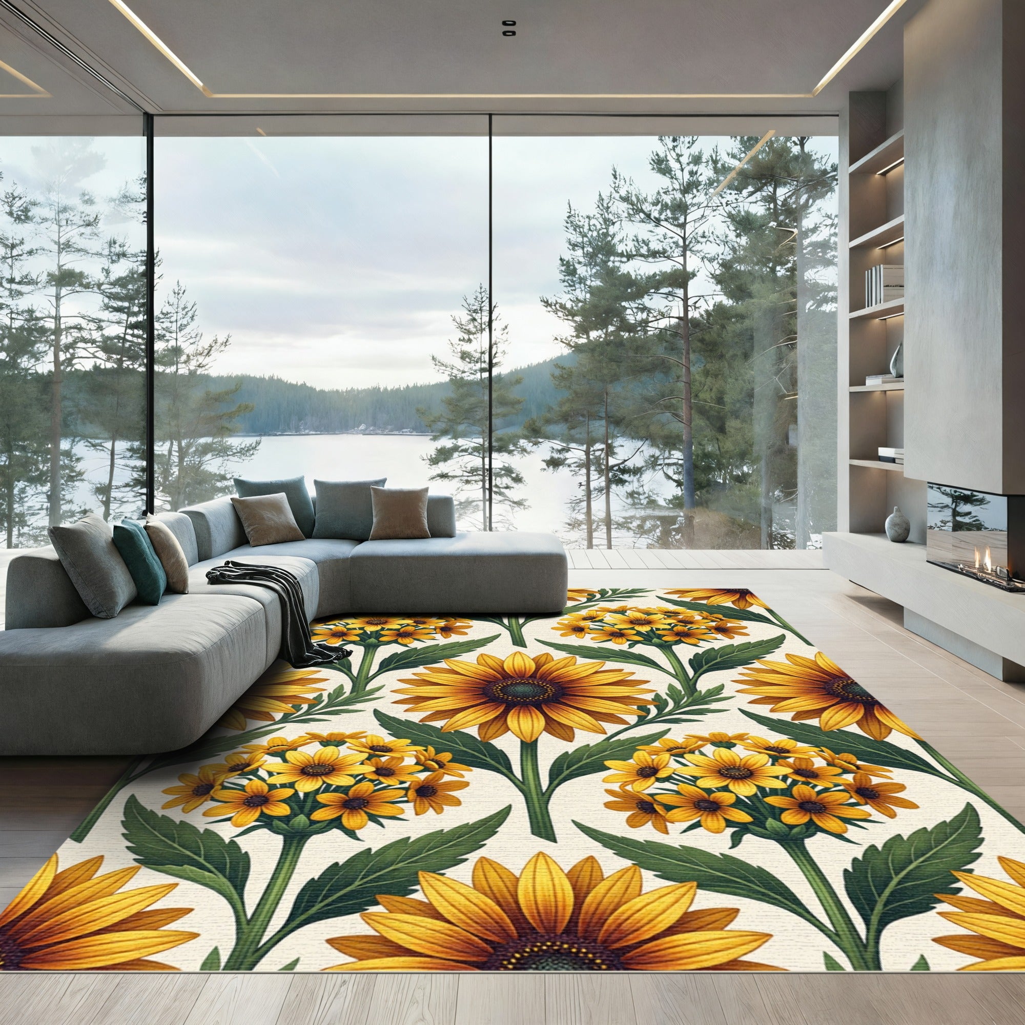Golden Sunflower Botanical Garden Illustration Rug