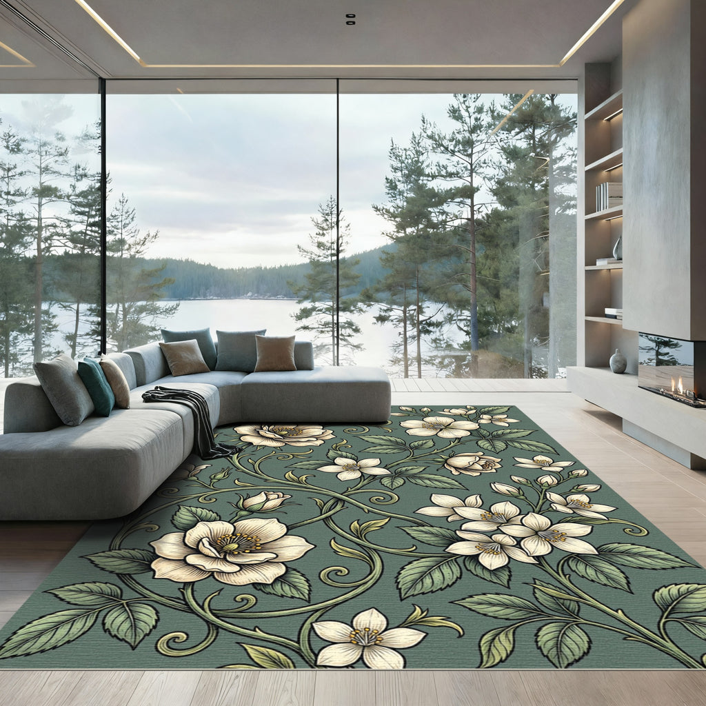 Elegant Sage Botanical Rose Scroll Rug