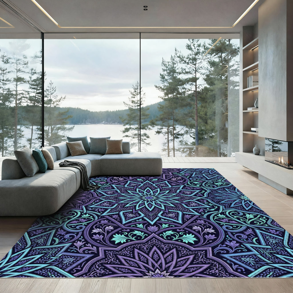 Deep Violet Teal Intricate Mandala Rug