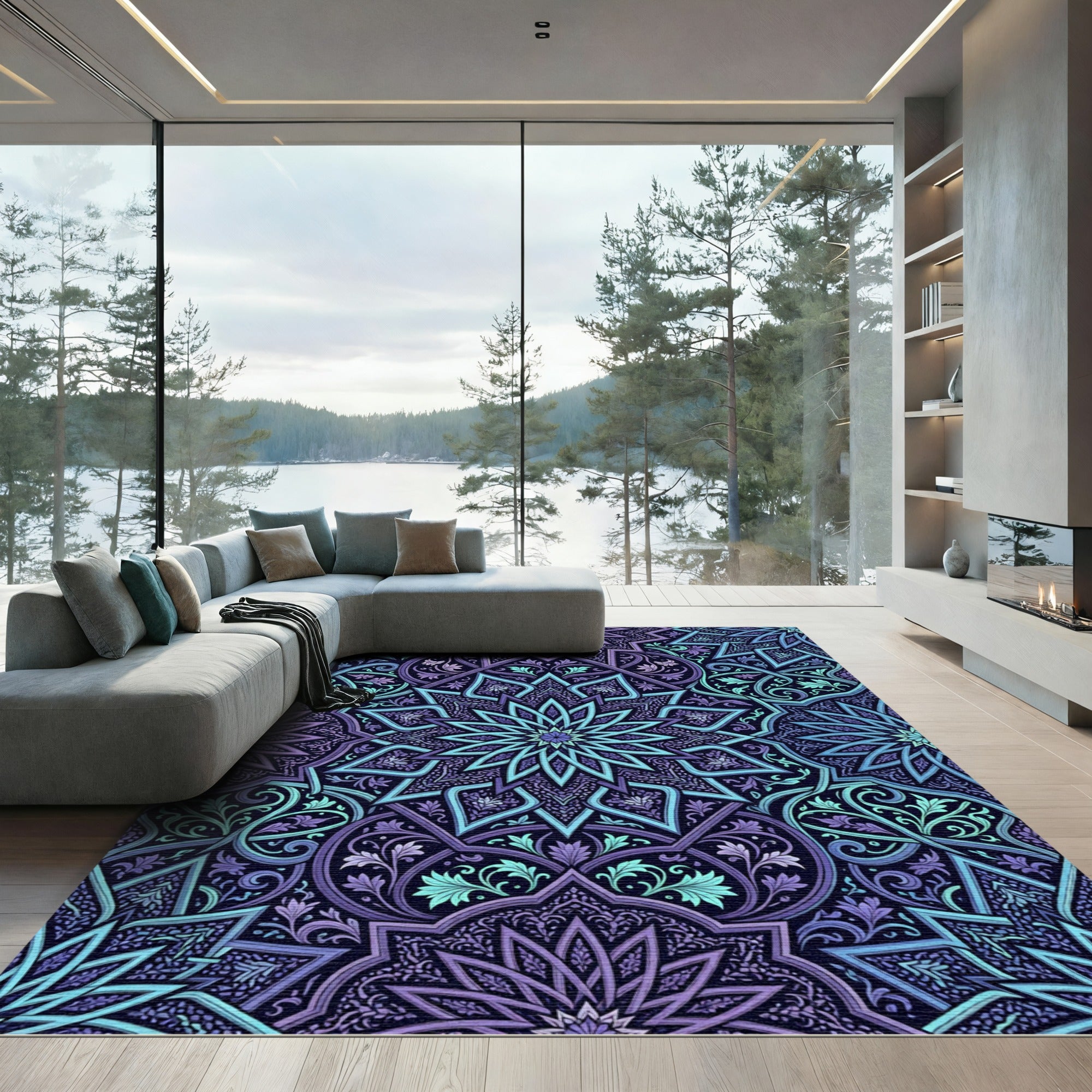 Deep Violet Teal Intricate Mandala Rug