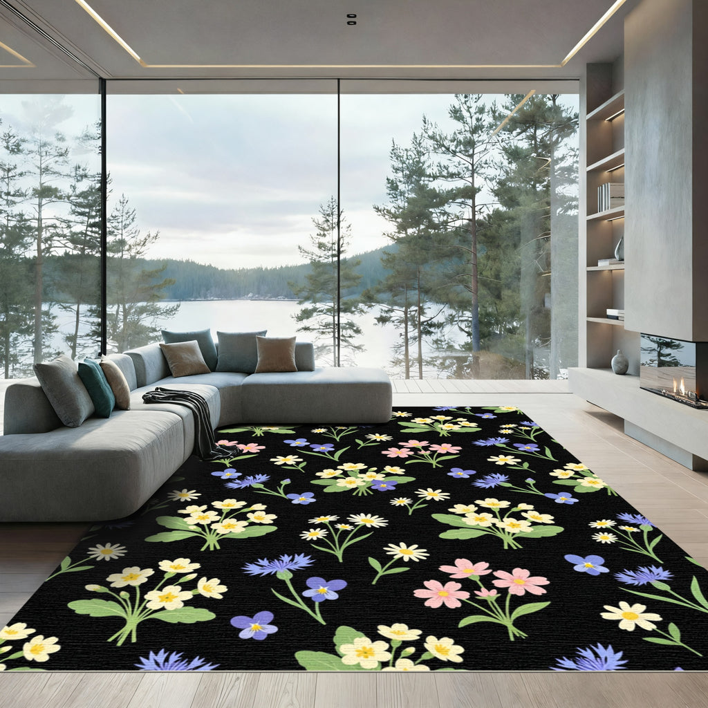 Whimsical Pink Yellow Blue Floral Bouquet Rug
