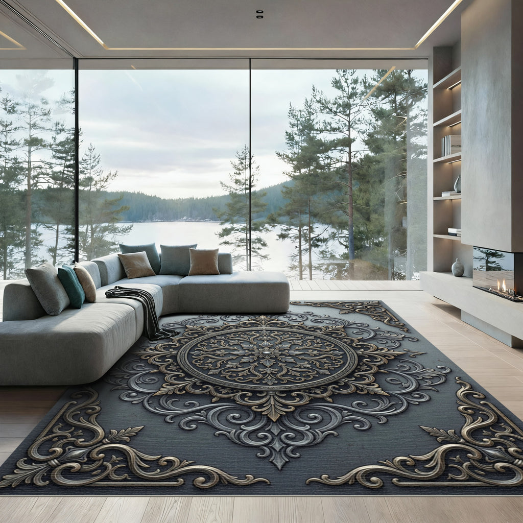 Sophisticated Gray and Gold Ornate Medallion Rug