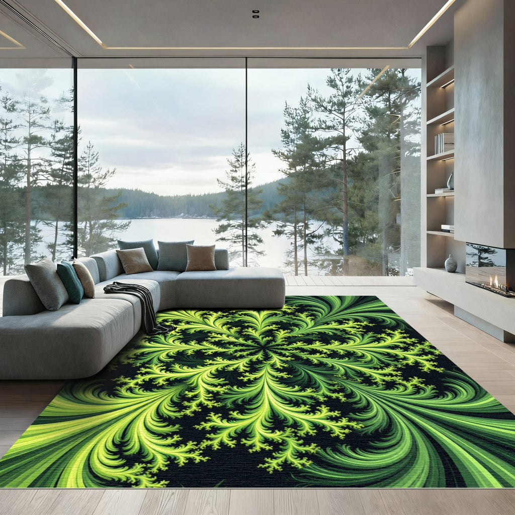 Luminous Lime Fern Fractal Swirl Rug