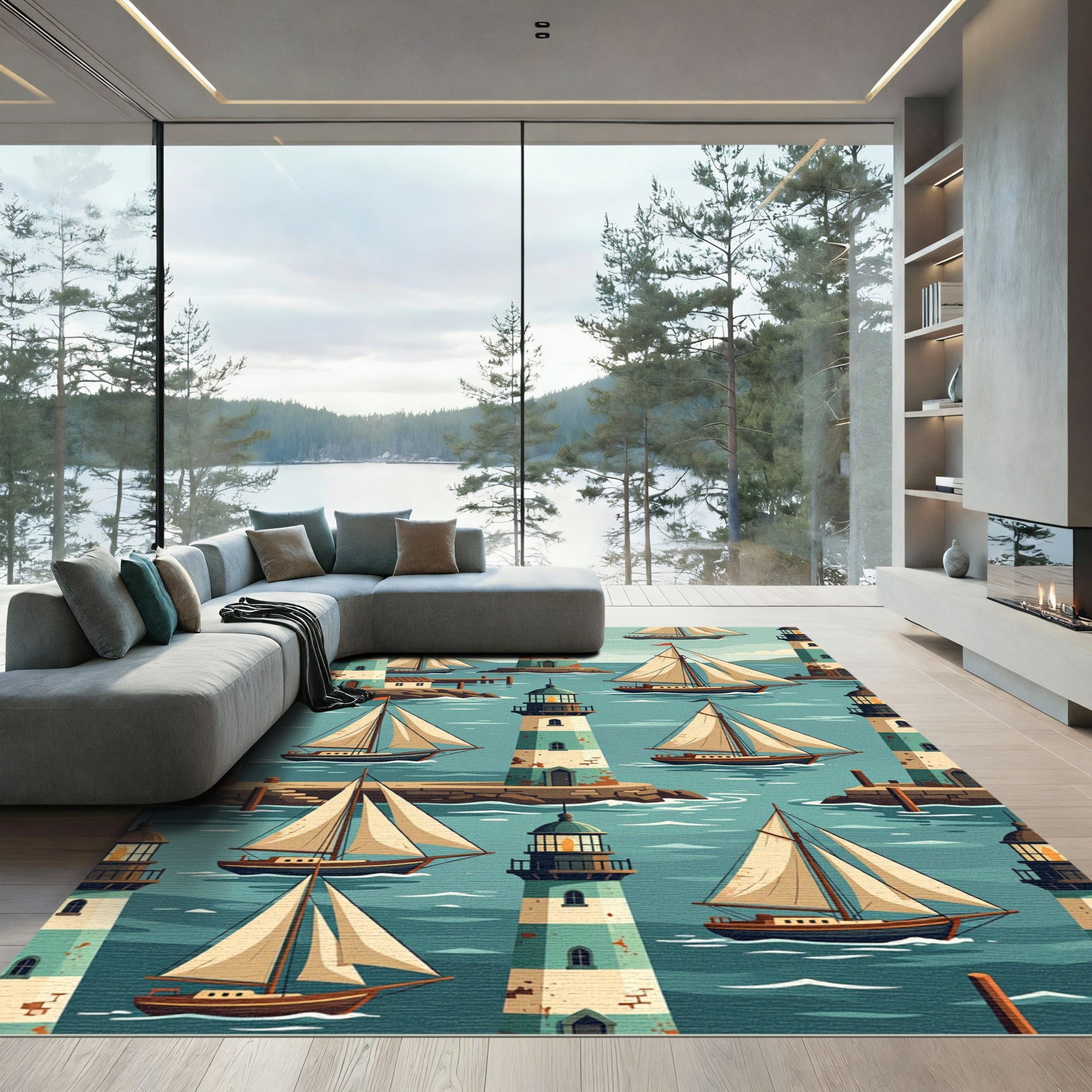 Nautical Lighthouse and Sailboat Ocean Scene Rug