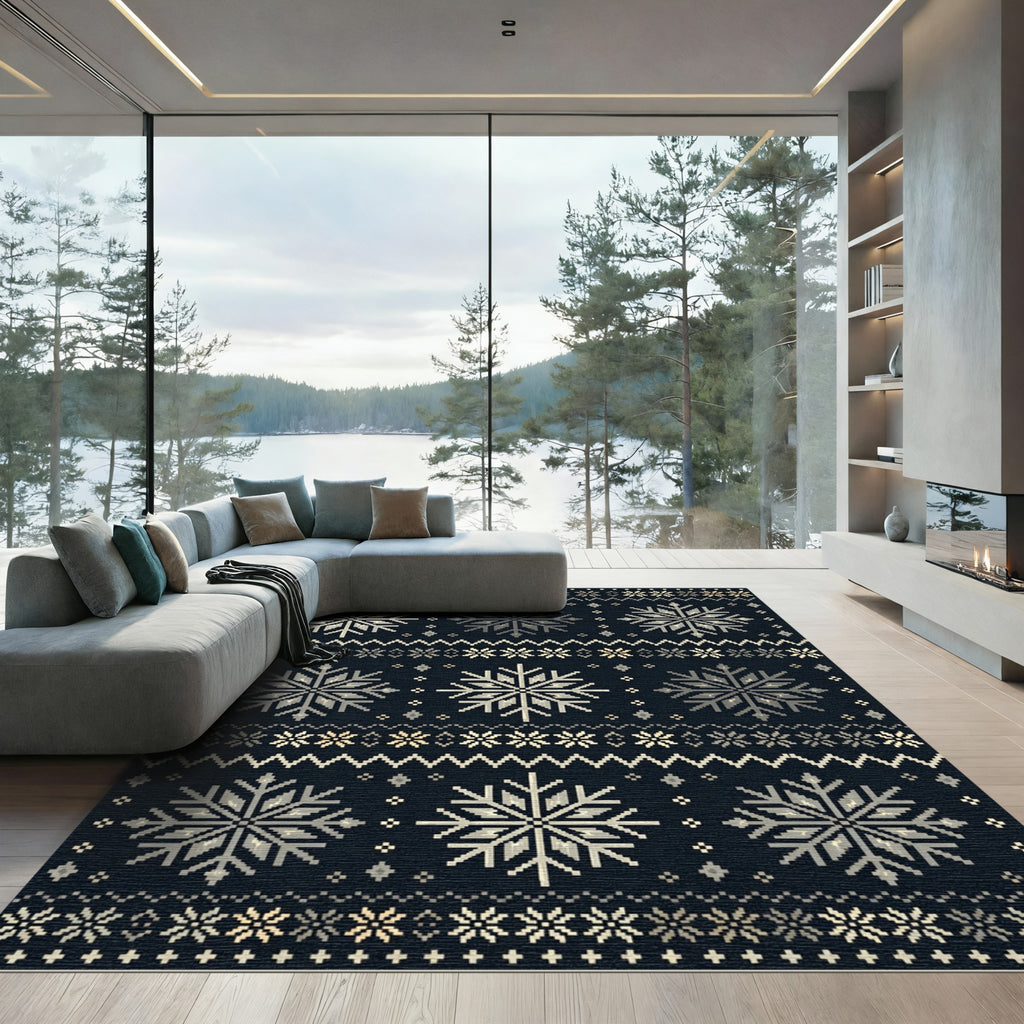 Dark Blue Pixelated Snowflake Fair Isle Rug