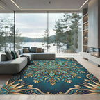Teal and Gold Floral Filigree Medallion Rug