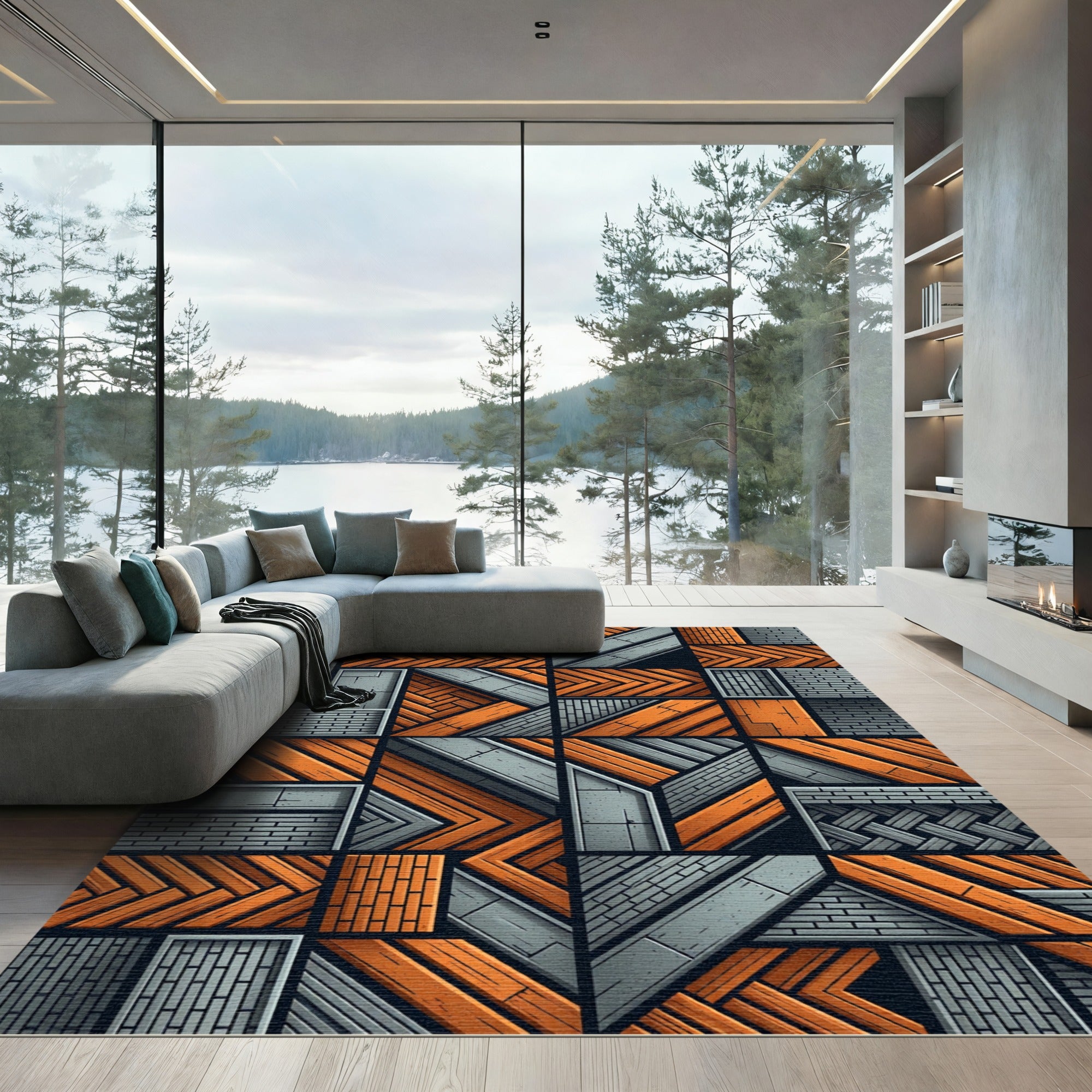 Orange Gray Geometric Wood Plank Composition Rug
