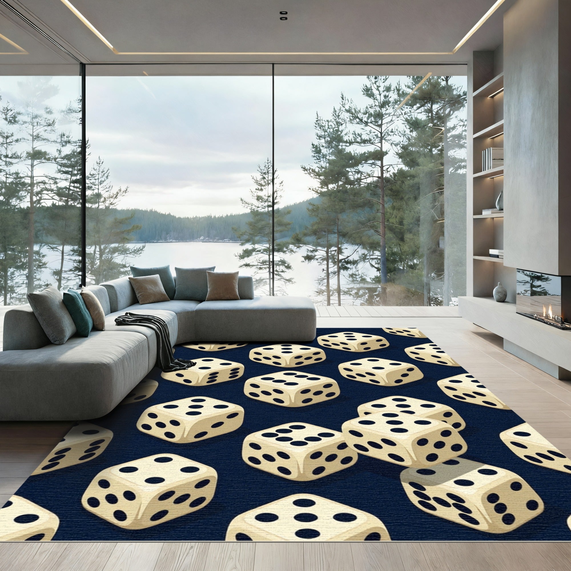 Classic Ivory Dice Isometric Navy Background Rug