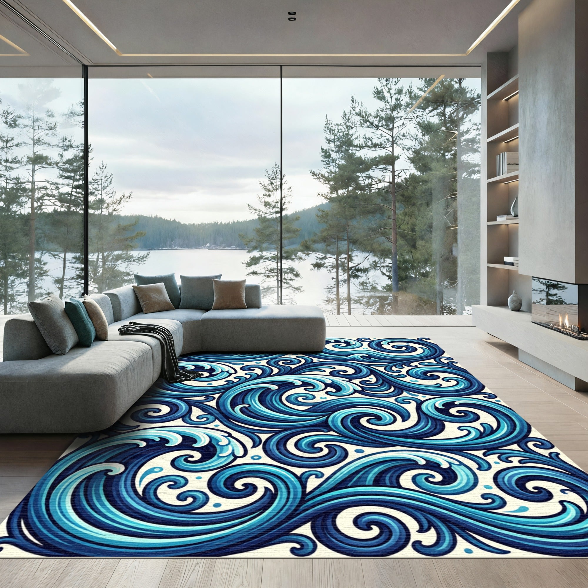 Deep Blue Ocean Swirls Rug