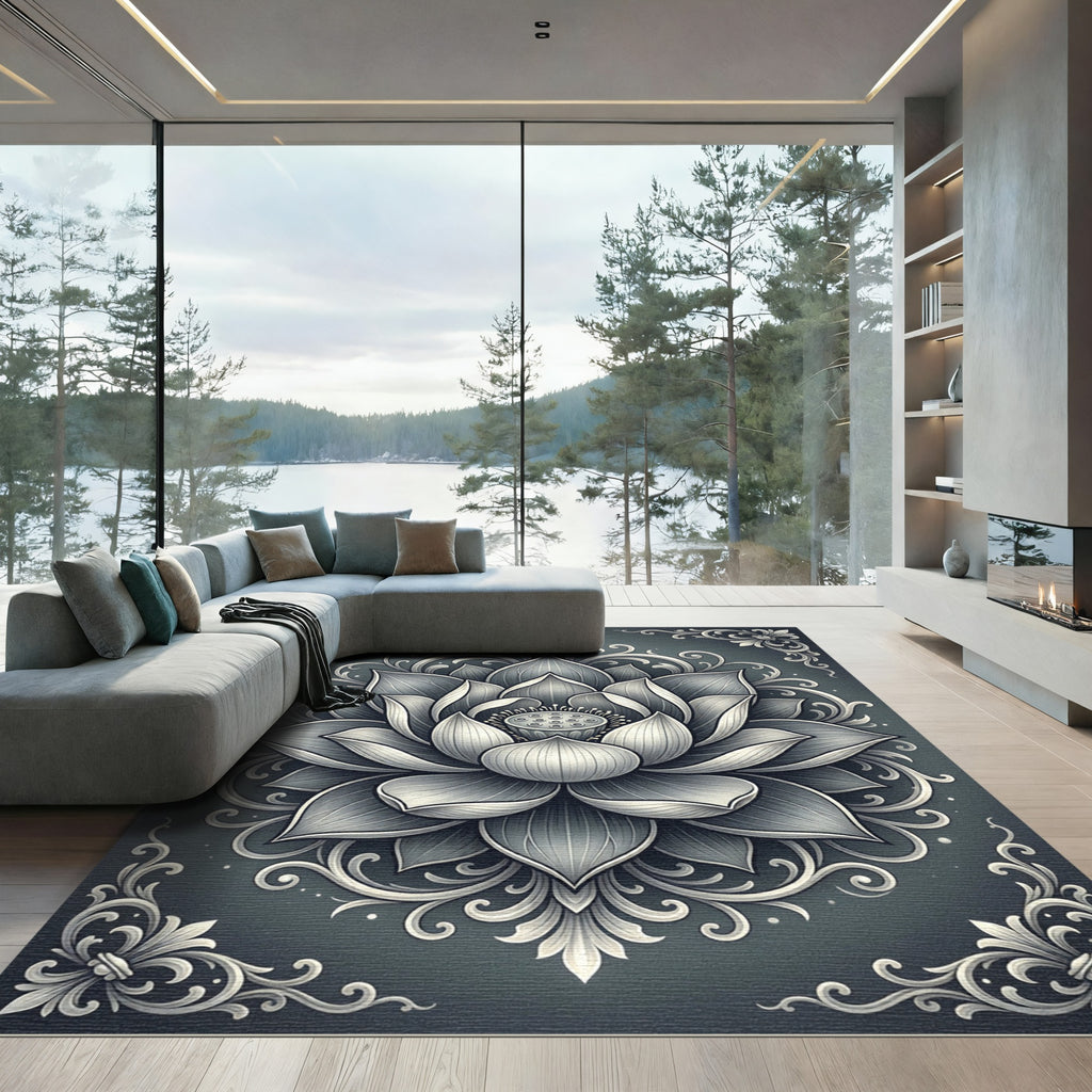 Elegant Charcoal Silver Lotus Medallion Rug