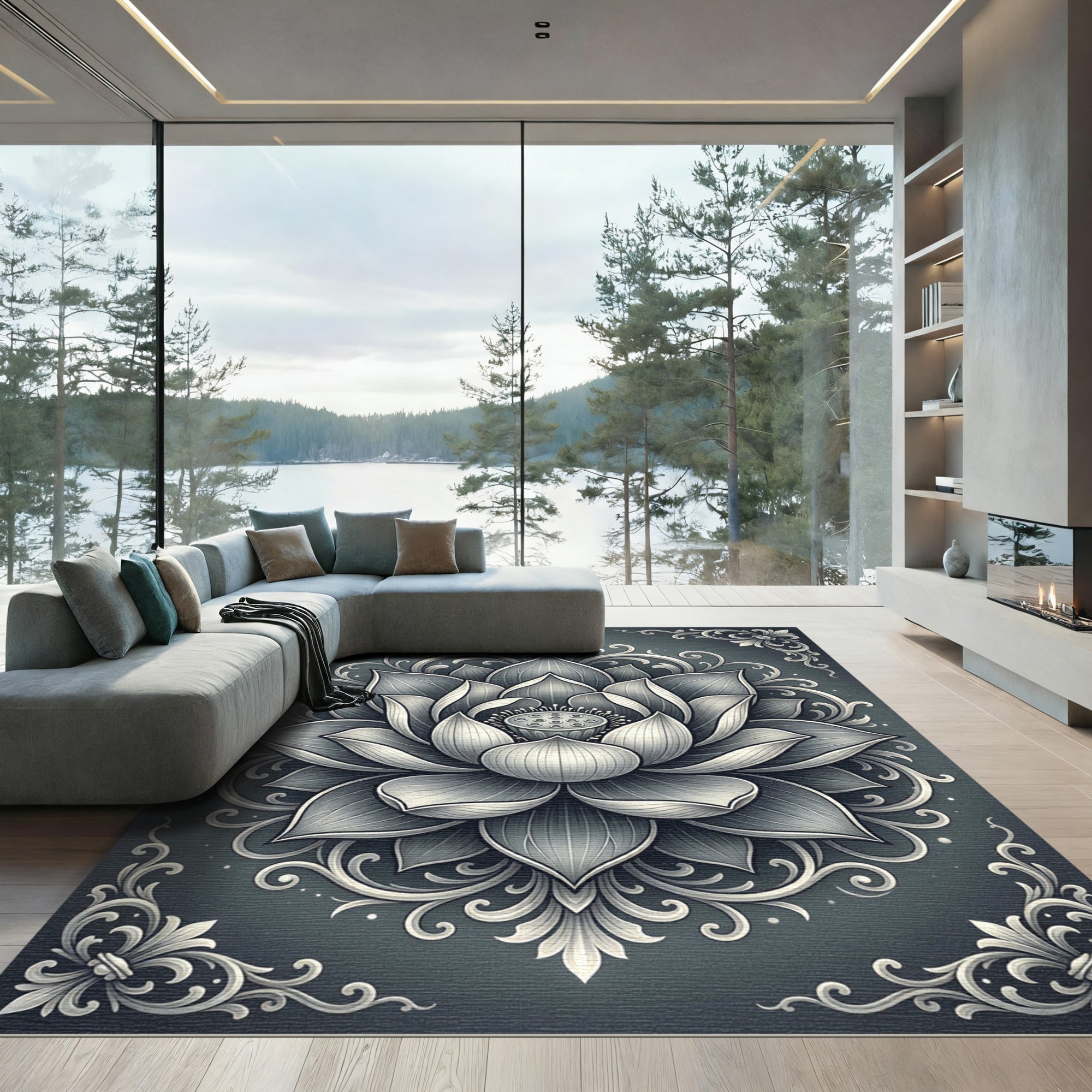 Elegant Charcoal Silver Lotus Medallion Rug