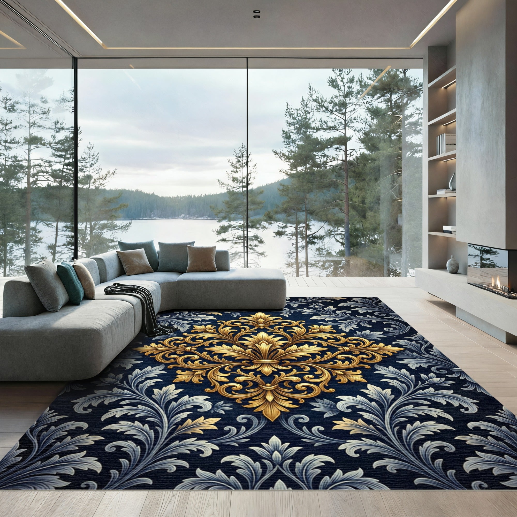 Elegant Gold Filigree Navy Damask Rug