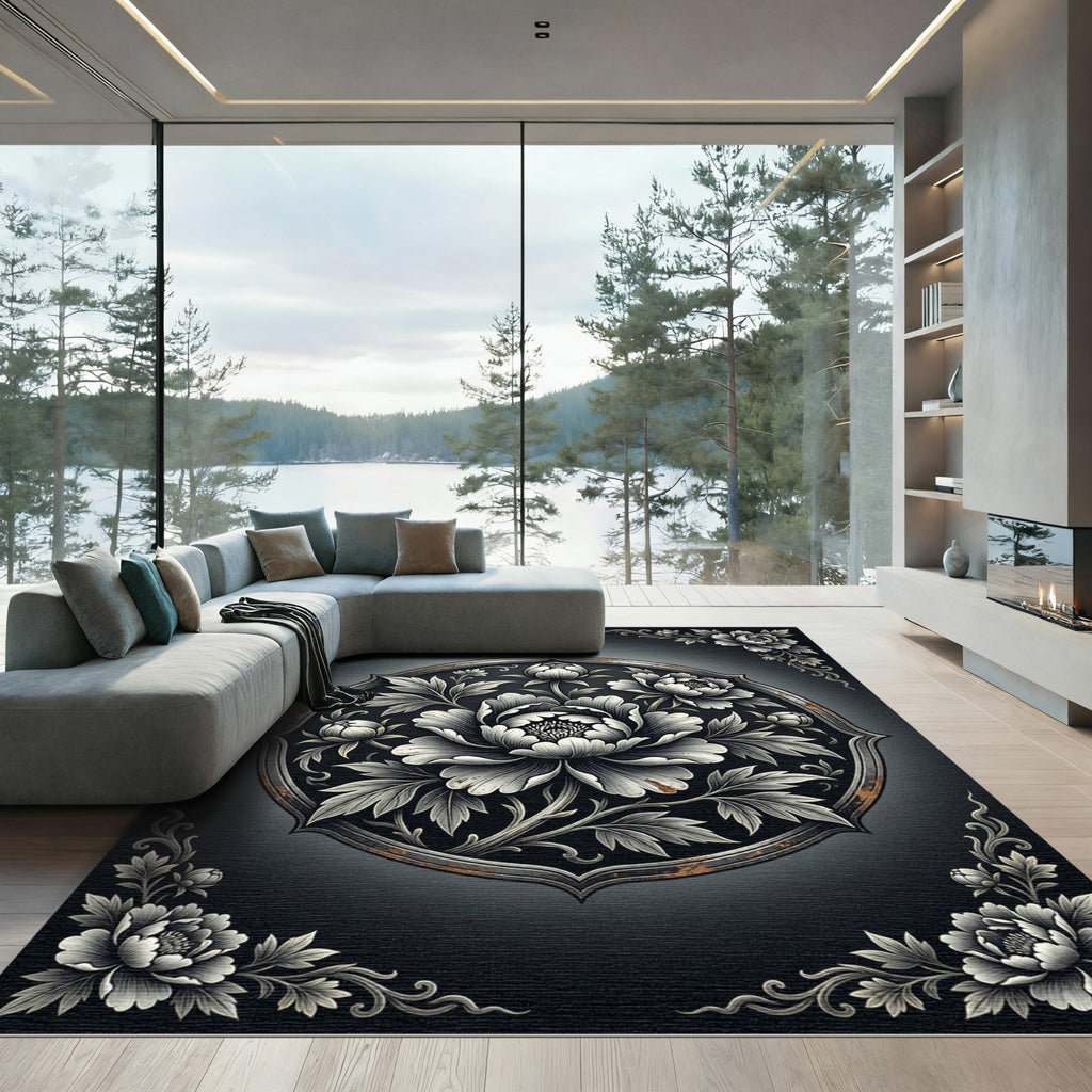 Monochromatic Embellished Peony Circular Medallion Rug