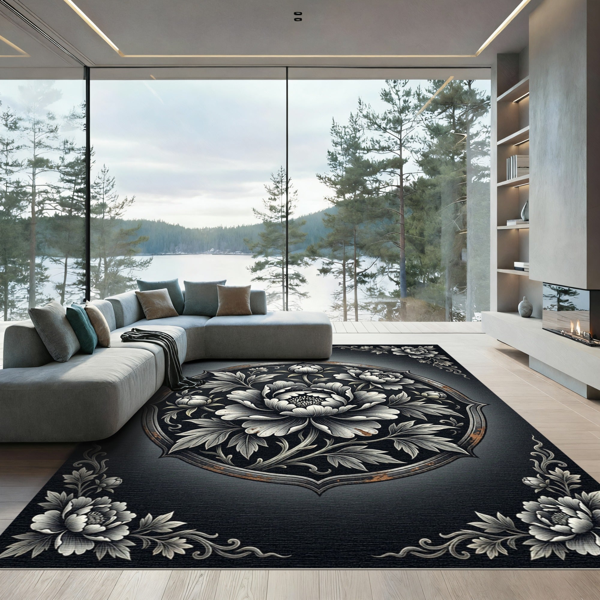 Monochromatic Embellished Peony Circular Medallion Rug