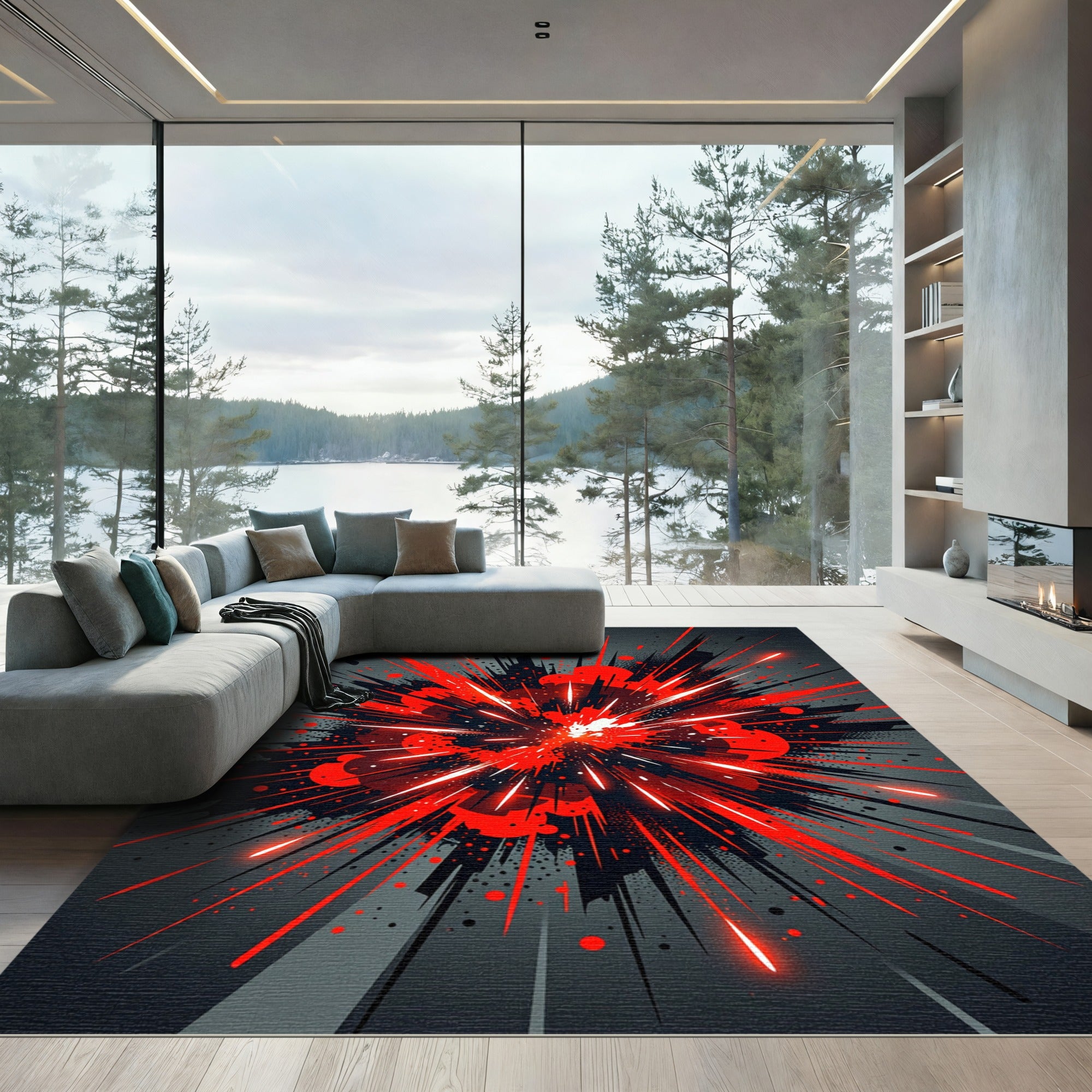 Crimson Burst Radial Splatter Rug