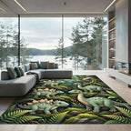 Whimsical Green Prehistoric Dinosaur Forest Rug