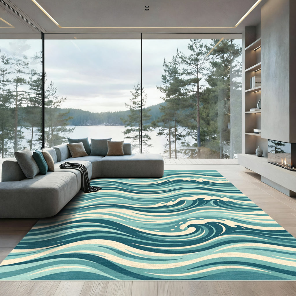 Abstract Blue Wave Ocean Currents Rug
