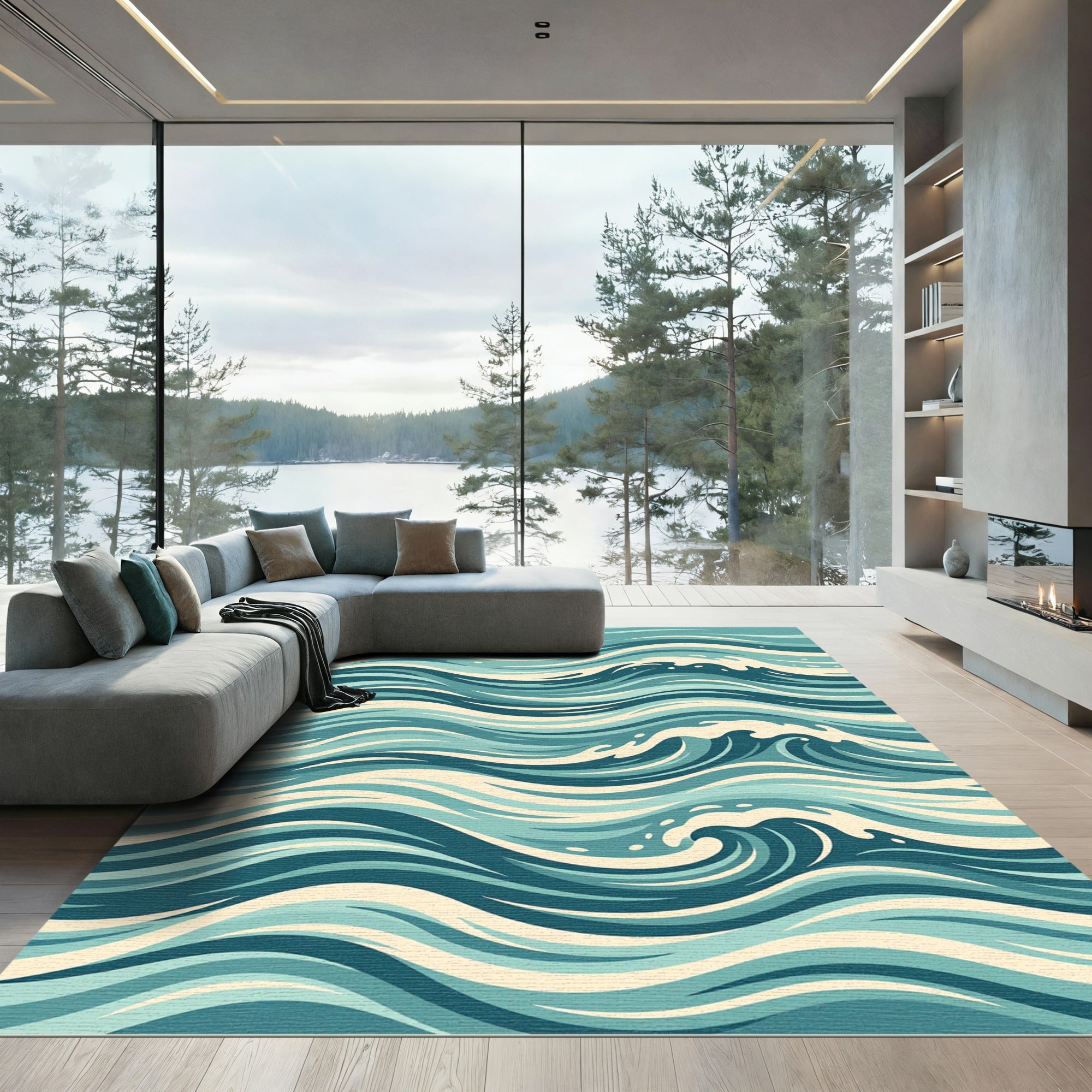 Abstract Blue Wave Ocean Currents Rug