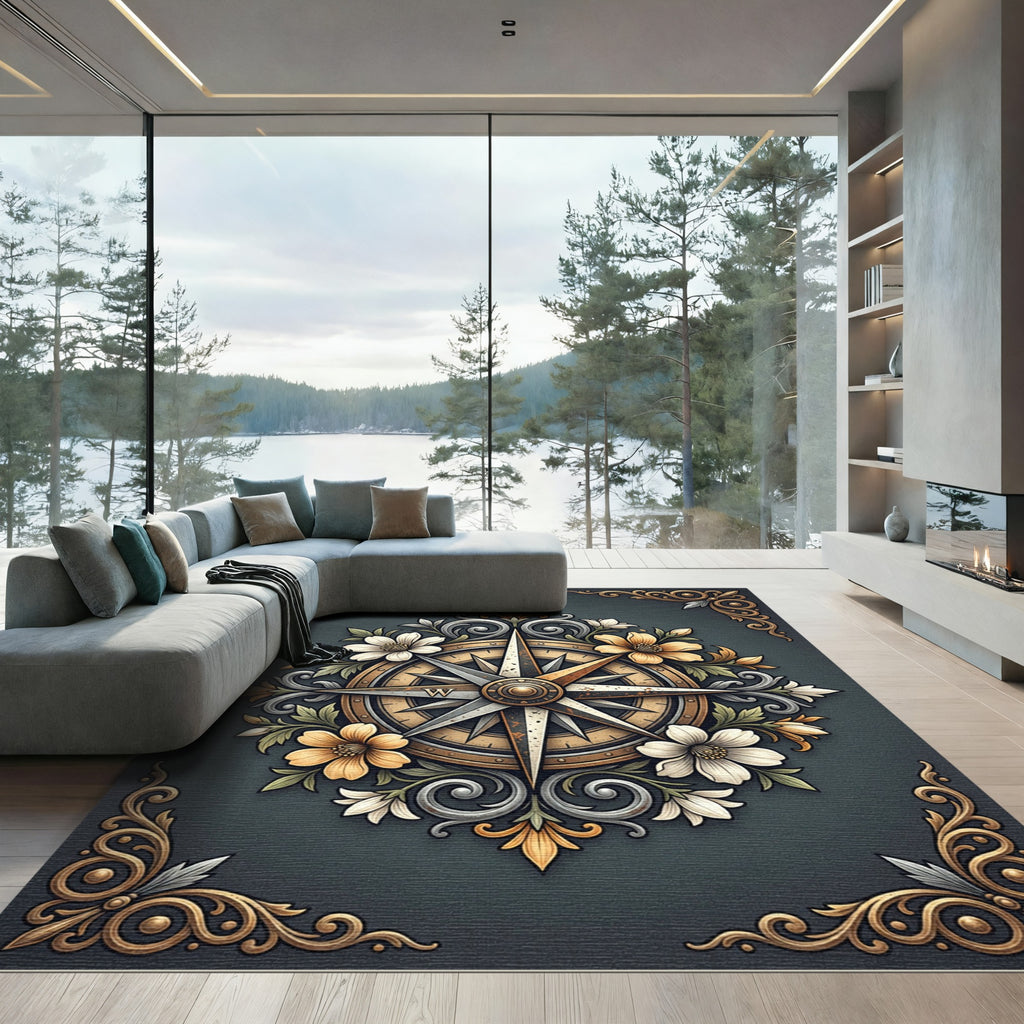 Elegant Gold Compass Floral Medallion Rug