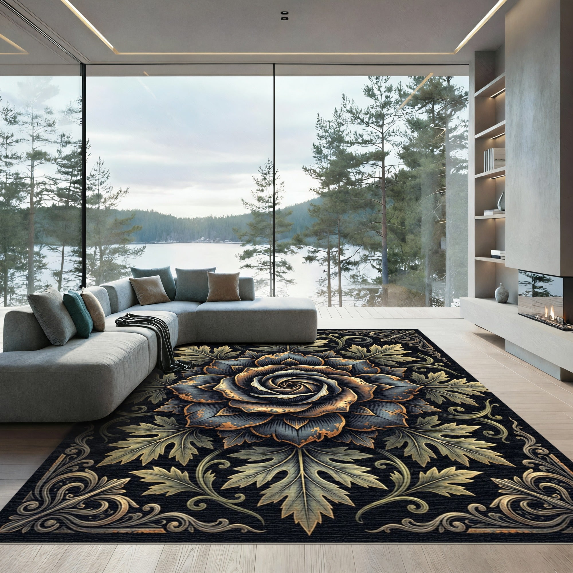 Gilded Dark Rose Botanical Scroll Ornament Rug