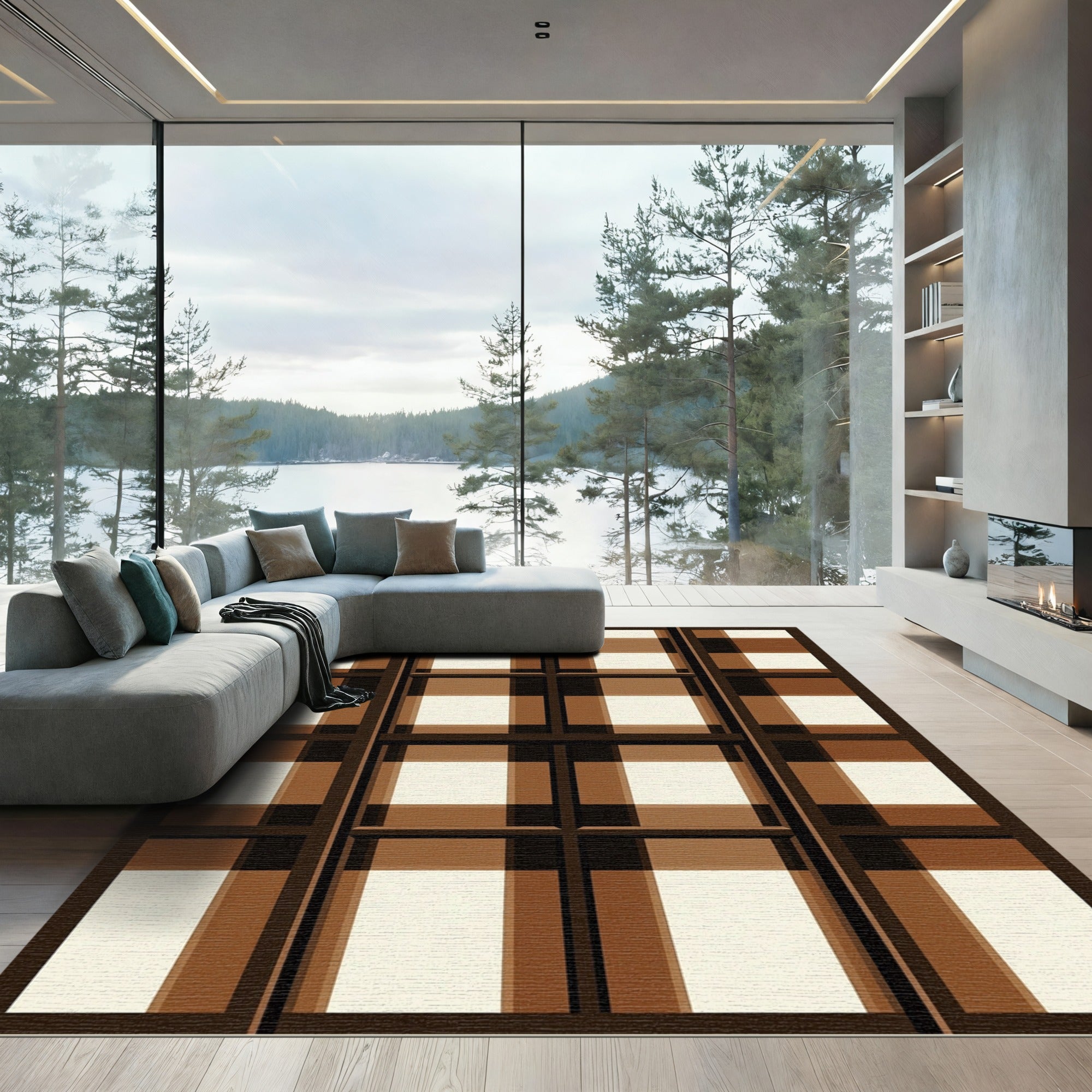 Brown Ivory Gingham Windows Rug