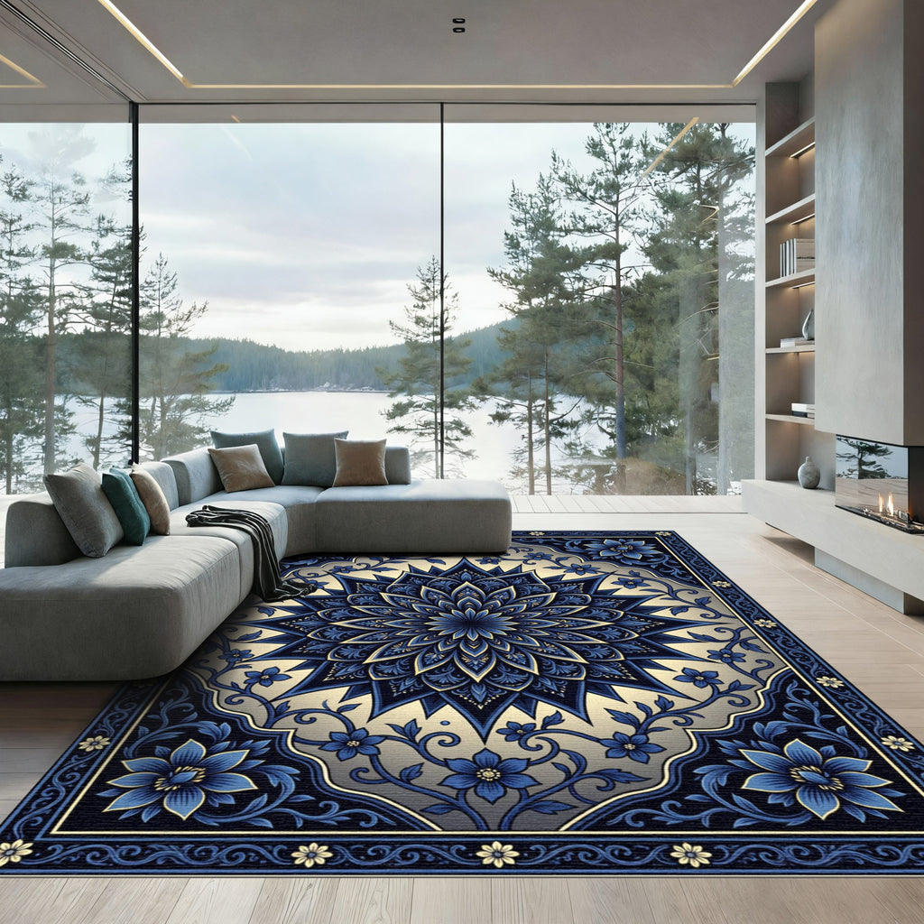 Elegant Azure Floral Medallion Border Rug