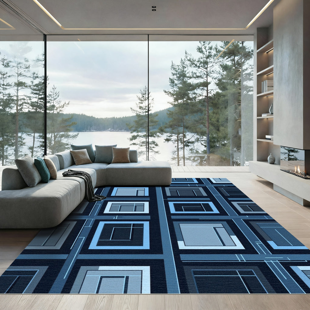 Deep Blue Geometric Window Pane Rug